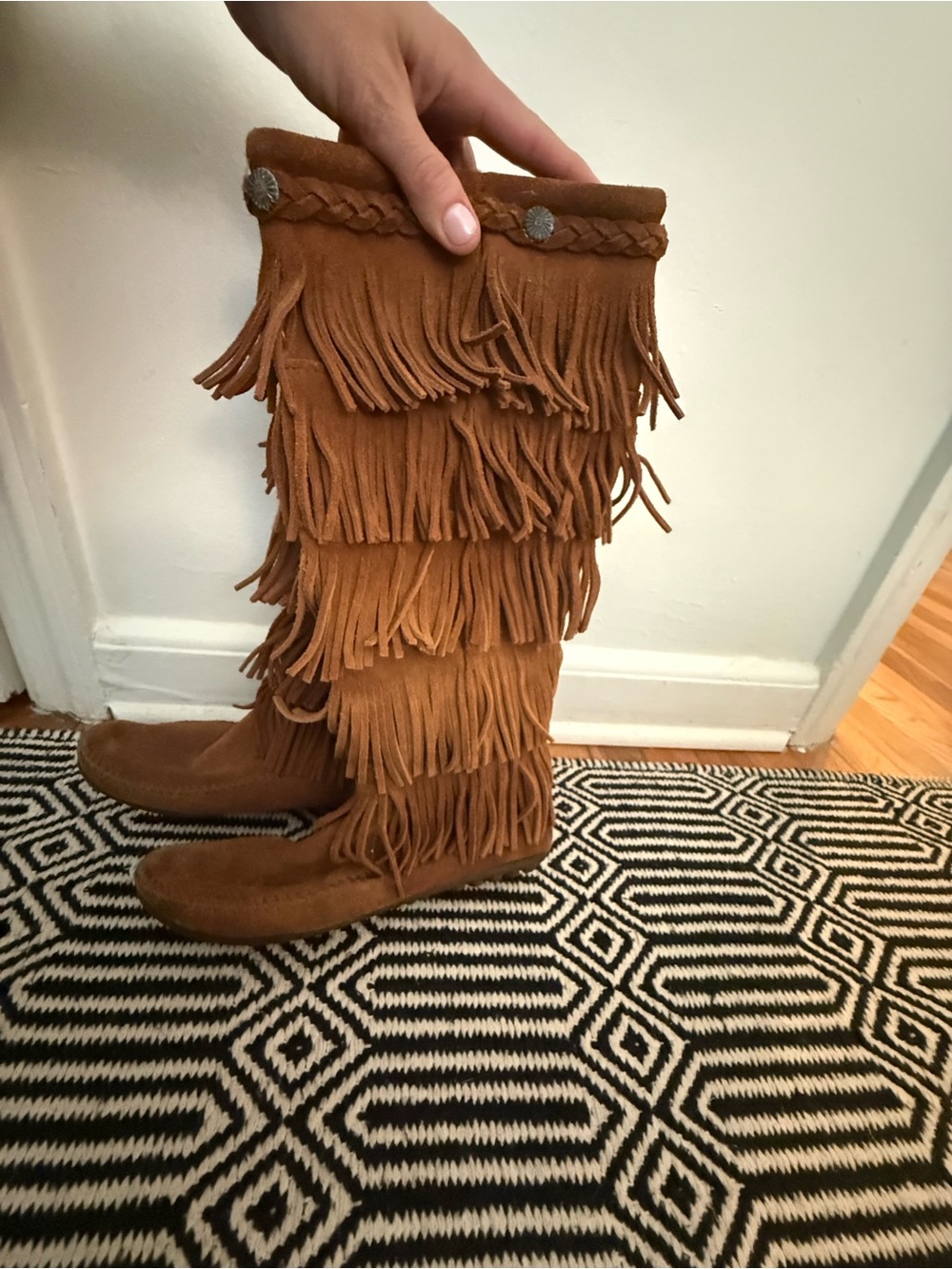 Minnetonka 5 layer Fringe Suede Knee-High Boots - Tan